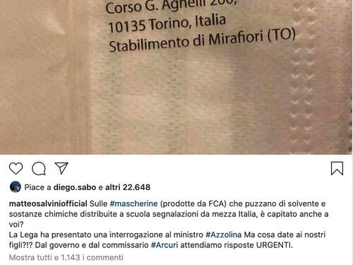 Salvini massacra Arcuri: le mascherine di Fca puzzano, cosa date ai nostri figli?
