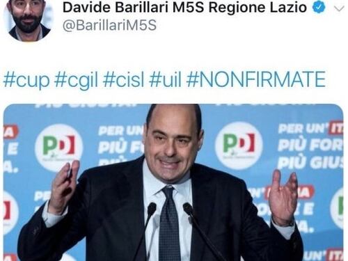 "Zingaretti metterà i lavoratori sull'astrico" Barillari twitta la gaffe e poi la cancella