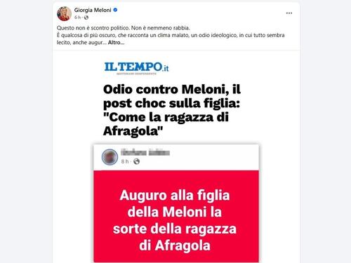Meloni, il post choc contro la figlia. La premier denuncia: "Clima malato e violento"
