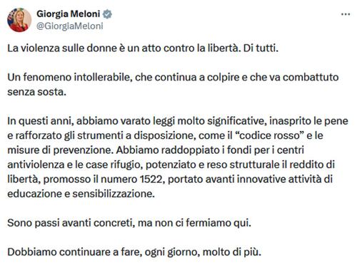 Venticinque novembre, Meloni: "Costruire Italia in cui nessuna donna debba sentirsi più sola"